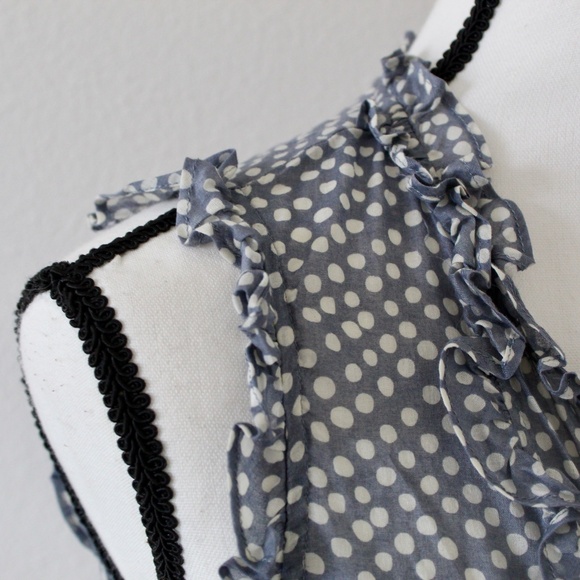 Gray-Blue & White Polka Dot Sleeveless Ruffle Detail Button Down Shirt - Picture 5 of 7